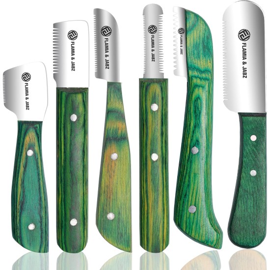 FLAMIA & JABZ FJ Professional Wire Stripping Knife Set (6 Piece Set) for Dogs and Pets Wooden Handle with Stainless Steel Blade (Right-Handed Use)(Green) FLAMIA & JABZ FJ Professional Wire Stripping Knife Set (6 Piece Set) for Dogs and Pets Wooden Handle with Stainless Steel Blade (Right-Handed Use)(Green)