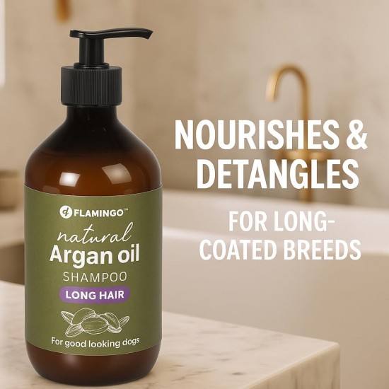 Flamingo Dog Shampoo with Argan Oil for Dogs with a Dark Coat 500 ml Suitable for All Fur and Skin Types Nourishes and Nourishes the Coat Strengthens the Colour and Shine of the Dark Coat