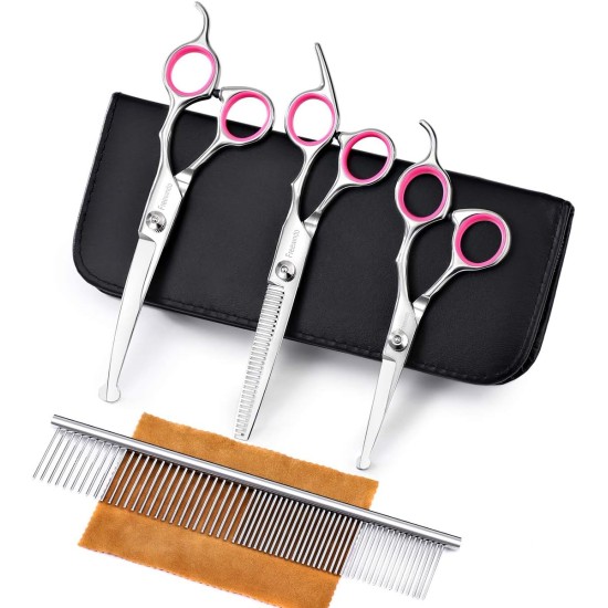 Freewindo Dog Scissors Set Professional with Safety Round Tip, Including Straight Scissors Dog Thinning Scissors Dog Scissors Fur Scissors Curved and Comb for Dog Cat Hair Care