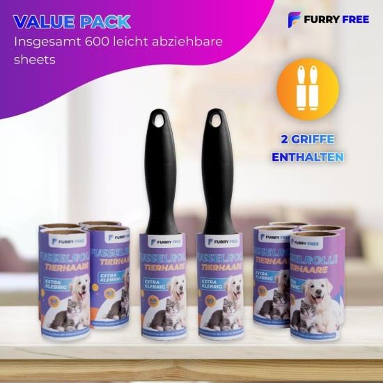 Furry Free Lint Roller Pet Hair Extra Strong - 600 Sheets Lint Roller Set - Lint Roller Clothing, Floor etc. - Lint Rollers Large Pack XXL 10 Lint Rolls Attachments of 60 Sheets & 2 Lint Roll Holders Furry Free Lint Roller Pet Hair Extra Strong - 600 Sheets Lint Roller Set - Lint Roller Clothing, Floor etc. - Lint Rollers Large Pack XXL 10 Lint Rolls Attachments of 60 Sheets & 2 Lint Roll Holders