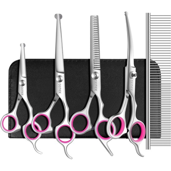 GEMEK Pet Cat Dog Grooming Scissors Set of 4 Stainless Steel Professional Pet Trimmer Kit - 7.5 Inch Straight Scissors, Thinning Scissors, Curved Scissors, Grooming Combs GEMEK Pet Cat Dog Grooming Scissors Set of 4 Stainless Steel Professional Pet Trimmer Kit - 7.5 Inch Straight Scissors, Thinning Scissors, Curved Scissors, Grooming Combs