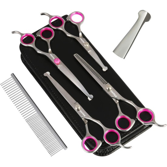 GEMEK Pet Cat Dog Grooming Scissors Set of 4 Stainless Steel Professional Pet Trimmer Kit - 7.5 Inch Straight Scissors, Thinning Scissors, Curved Scissors, Grooming Combs GEMEK Pet Cat Dog Grooming Scissors Set of 4 Stainless Steel Professional Pet Trimmer Kit - 7.5 Inch Straight Scissors, Thinning Scissors, Curved Scissors, Grooming Combs
