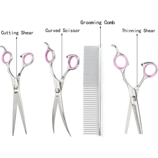 GEMEK Pet Cat Dog Grooming Scissors Set of 4 Stainless Steel Professional Pet Trimmer Kit - 7.5 Inch Straight Scissors, Thinning Scissors, Curved Scissors, Grooming Combs GEMEK Pet Cat Dog Grooming Scissors Set of 4 Stainless Steel Professional Pet Trimmer Kit - 7.5 Inch Straight Scissors, Thinning Scissors, Curved Scissors, Grooming Combs