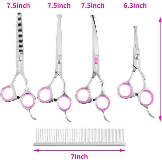 GEMEK Pet Cat Dog Grooming Scissors Set of 4 Stainless Steel Professional Pet Trimmer Kit - 7.5 Inch Straight Scissors, Thinning Scissors, Curved Scissors, Grooming Combs GEMEK Pet Cat Dog Grooming Scissors Set of 4 Stainless Steel Professional Pet Trimmer Kit - 7.5 Inch Straight Scissors, Thinning Scissors, Curved Scissors, Grooming Combs