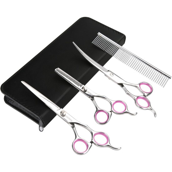 GEMEK Pet Cat Dog Grooming Scissors Set of 4 Stainless Steel Professional Pet Trimmer Kit - 7.5 Inch Straight Scissors, Thinning Scissors, Curved Scissors, Grooming Combs GEMEK Pet Cat Dog Grooming Scissors Set of 4 Stainless Steel Professional Pet Trimmer Kit - 7.5 Inch Straight Scissors, Thinning Scissors, Curved Scissors, Grooming Combs