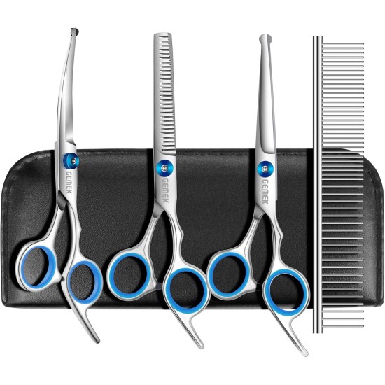 GEMEK Pet Cat Dog Grooming Scissors Set of 4 Stainless Steel Professional Pet Trimmer Kit - 7.5 Inch Straight Scissors, Thinning Scissors, Curved Scissors, Grooming Combs GEMEK Pet Cat Dog Grooming Scissors Set of 4 Stainless Steel Professional Pet Trimmer Kit - 7.5 Inch Straight Scissors, Thinning Scissors, Curved Scissors, Grooming Combs