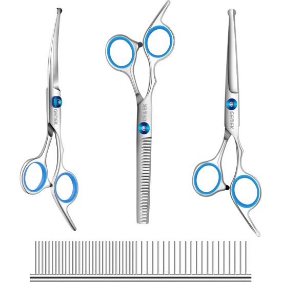 GEMEK Pet Cat Dog Grooming Scissors Set of 4 Stainless Steel Professional Pet Trimmer Kit - 7.5 Inch Straight Scissors, Thinning Scissors, Curved Scissors, Grooming Combs GEMEK Pet Cat Dog Grooming Scissors Set of 4 Stainless Steel Professional Pet Trimmer Kit - 7.5 Inch Straight Scissors, Thinning Scissors, Curved Scissors, Grooming Combs