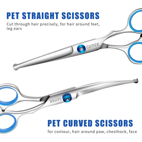 GEMEK Pet Cat Dog Grooming Scissors Set of 4 Stainless Steel Professional Pet Trimmer Kit - 7.5 Inch Straight Scissors, Thinning Scissors, Curved Scissors, Grooming Combs GEMEK Pet Cat Dog Grooming Scissors Set of 4 Stainless Steel Professional Pet Trimmer Kit - 7.5 Inch Straight Scissors, Thinning Scissors, Curved Scissors, Grooming Combs