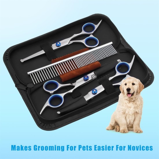 GEMEK Pet Cat Dog Grooming Scissors Set of 4 Stainless Steel Professional Pet Trimmer Kit - 7.5 Inch Straight Scissors, Thinning Scissors, Curved Scissors, Grooming Combs GEMEK Pet Cat Dog Grooming Scissors Set of 4 Stainless Steel Professional Pet Trimmer Kit - 7.5 Inch Straight Scissors, Thinning Scissors, Curved Scissors, Grooming Combs