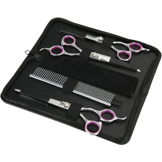 GEMEK Professional Grooming Scissors for Dogs with Round Safety Tips, Dog Grooming Scissors Set - Thinning, Straight, Curved Scissors and Comb for Long Short Hair for Dog Cat Pet GEMEK Professional Grooming Scissors for Dogs with Round Safety Tips, Dog Grooming Scissors Set - Thinning, Straight, Curved Scissors and Comb for Long Short Hair for Dog Cat Pet
