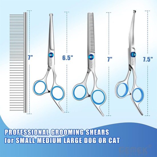 GEMEK Professional Grooming Scissors for Dogs with Round Safety Tips, Dog Grooming Scissors Set - Thinning, Straight, Curved Scissors and Comb for Long Short Hair for Dog Cat Pet GEMEK Professional Grooming Scissors for Dogs with Round Safety Tips, Dog Grooming Scissors Set - Thinning, Straight, Curved Scissors and Comb for Long Short Hair for Dog Cat Pet
