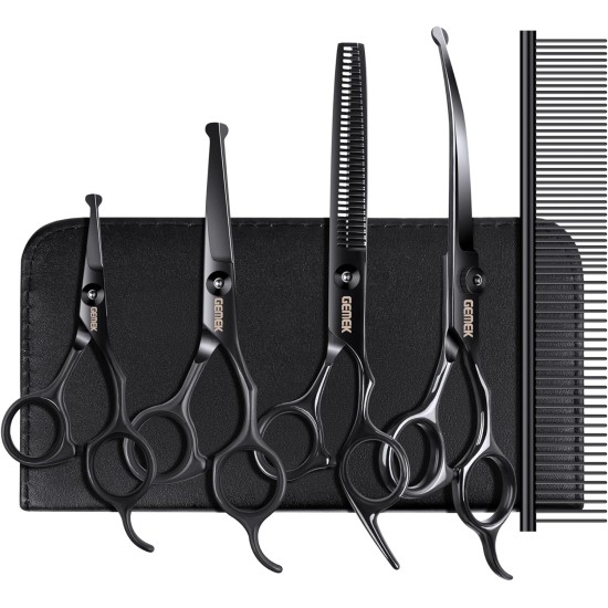 GEMEK Professional Grooming Scissors for Dogs with Round Safety Tips, Dog Grooming Scissors Set - Thinning, Straight, Curved Scissors and Comb for Long Short Hair for Dog Cat Pet GEMEK Professional Grooming Scissors for Dogs with Round Safety Tips, Dog Grooming Scissors Set - Thinning, Straight, Curved Scissors and Comb for Long Short Hair for Dog Cat Pet