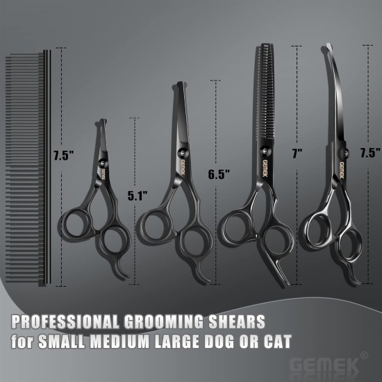 GEMEK Professional Grooming Scissors for Dogs with Round Safety Tips, Dog Grooming Scissors Set - Thinning, Straight, Curved Scissors and Comb for Long Short Hair for Dog Cat Pet GEMEK Professional Grooming Scissors for Dogs with Round Safety Tips, Dog Grooming Scissors Set - Thinning, Straight, Curved Scissors and Comb for Long Short Hair for Dog Cat Pet