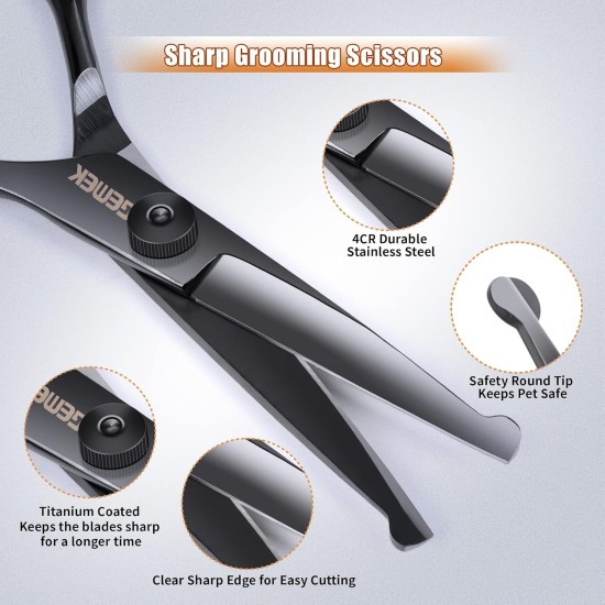 GEMEK Professional Grooming Scissors for Dogs with Round Safety Tips, Dog Grooming Scissors Set - Thinning, Straight, Curved Scissors and Comb for Long Short Hair for Dog Cat Pet GEMEK Professional Grooming Scissors for Dogs with Round Safety Tips, Dog Grooming Scissors Set - Thinning, Straight, Curved Scissors and Comb for Long Short Hair for Dog Cat Pet