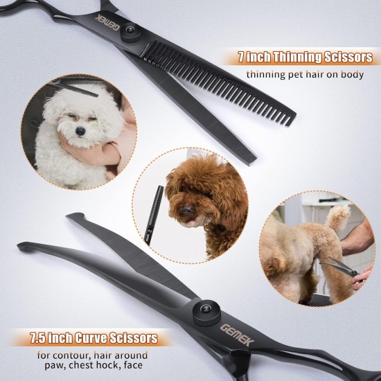 GEMEK Professional Grooming Scissors for Dogs with Round Safety Tips, Dog Grooming Scissors Set - Thinning, Straight, Curved Scissors and Comb for Long Short Hair for Dog Cat Pet GEMEK Professional Grooming Scissors for Dogs with Round Safety Tips, Dog Grooming Scissors Set - Thinning, Straight, Curved Scissors and Comb for Long Short Hair for Dog Cat Pet