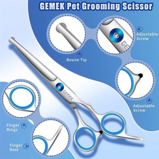 GEMEK Professional Grooming Scissors for Dogs with Round Safety Tips, Dog Grooming Scissors Set - Thinning, Straight, Curved Scissors and Comb for Long Short Hair for Dog Cat Pet GEMEK Professional Grooming Scissors for Dogs with Round Safety Tips, Dog Grooming Scissors Set - Thinning, Straight, Curved Scissors and Comb for Long Short Hair for Dog Cat Pet