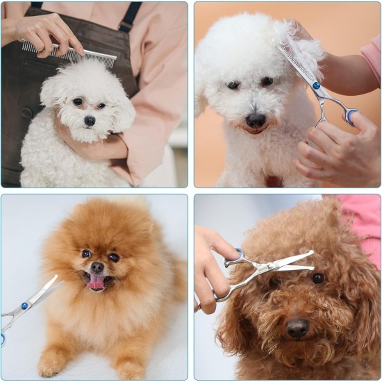 GEMEK Professional Grooming Scissors for Dogs with Round Safety Tips, Dog Grooming Scissors Set - Thinning, Straight, Curved Scissors and Comb for Long Short Hair for Dog Cat Pet GEMEK Professional Grooming Scissors for Dogs with Round Safety Tips, Dog Grooming Scissors Set - Thinning, Straight, Curved Scissors and Comb for Long Short Hair for Dog Cat Pet