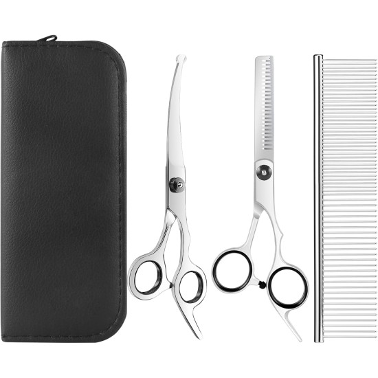 GOTFUN Pack of 4 Dog Grooming Scissors Curved Scissors with Safety Round Tips Professional Thin Scissors Stainless Steel Pet Grooming Scissors Set with Thin Scissors for Dogs Cats Pets