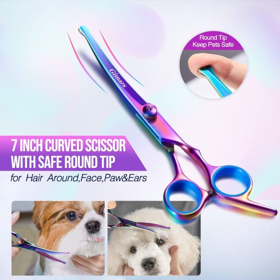 Gimars Professional Dog Grooming Scissors Set 4CR with Round Safety Tip, 5 in 1 Heavy Duty Titanium Coated Scissors and Curved and Straight Scissors Gimars Professional Dog Grooming Scissors Set 4CR with Round Safety Tip, 5 in 1 Heavy Duty Titanium Coated Scissors and Curved and Straight Scissors
