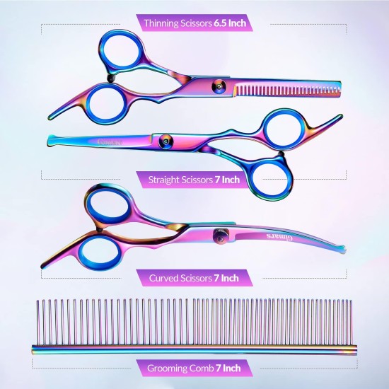 Gimars Professional Dog Grooming Scissors Set 4CR with Round Safety Tip, 5 in 1 Heavy Duty Titanium Coated Scissors and Curved and Straight Scissors Gimars Professional Dog Grooming Scissors Set 4CR with Round Safety Tip, 5 in 1 Heavy Duty Titanium Coated Scissors and Curved and Straight Scissors