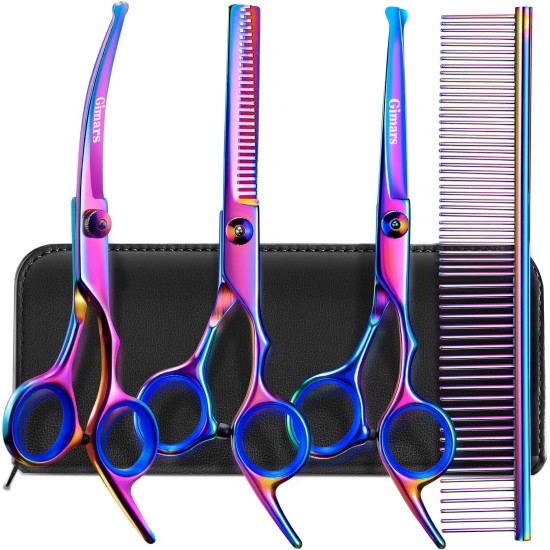 Gimars Professional Dog Grooming Scissors Set 4CR with Round Safety Tip, 5 in 1 Heavy Duty Titanium Coated Scissors and Curved and Straight Scissors Gimars Professional Dog Grooming Scissors Set 4CR with Round Safety Tip, 5 in 1 Heavy Duty Titanium Coated Scissors and Curved and Straight Scissors