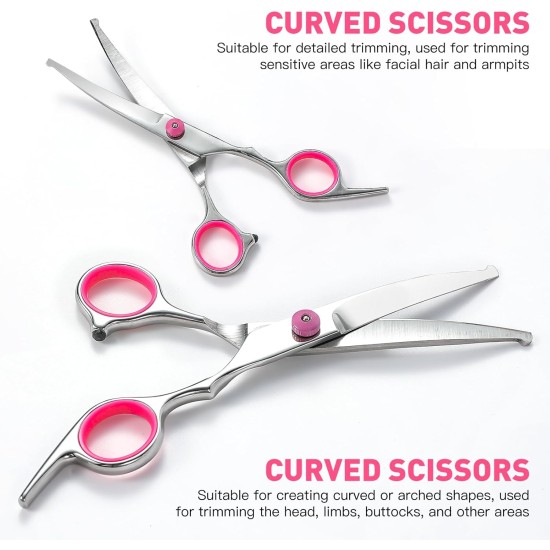 GoldOars Dog Scissors 6 in 1 Curved Dog Scissors Set Professional Stainless Steel Thinning Scissors for Cats - with 7.5 Inch Scissors Thinning Scissors, Curved Scissors, Grooming Comb GoldOars Dog Scissors 6 in 1 Curved Dog Scissors Set Professional Stainless Steel Thinning Scissors for Cats - with 7.5 Inch Scissors Thinning Scissors, Curved Scissors, Grooming Comb