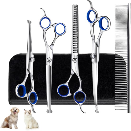Hillylolly Dog Scissors Set Professional 6-in-1 Hair Scissors Dog Professional Dog Scissors Fur Scissors Long Hair Dog Scissors Grooming Scissors Set Dog Hair Scissors Rounded for Grooming Dog Cat Pet