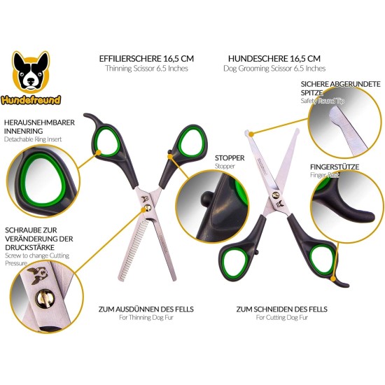 Hundefreund Dog Scissors Set with Thinning Scissors for Grooming | Stainless Steel Scissors with Rounded Tip for Dog Grooming Hundefreund Dog Scissors Set with Thinning Scissors for Grooming | Stainless Steel Scissors with Rounded Tip for Dog Grooming