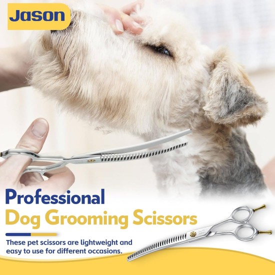 JASON 7.5 Inch Curved Thinning Scissors for Dogs 43 Teeth Professional Downward Curved Dog Scissors Made of Japanese 440C Stainless Steel Fur Scissors with Symmetrical Handle JASON 7.5 Inch Curved Thinning Scissors for Dogs 43 Teeth Professional Downward Curved Dog Scissors Made of Japanese 440C Stainless Steel Fur Scissors with Symmetrical Handle