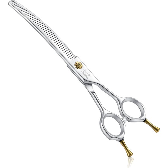 JASON 7.5 Inch Curved Thinning Scissors for Dogs 43 Teeth Professional Downward Curved Dog Scissors Made of Japanese 440C Stainless Steel Fur Scissors with Symmetrical Handle JASON 7.5 Inch Curved Thinning Scissors for Dogs 43 Teeth Professional Downward Curved Dog Scissors Made of Japanese 440C Stainless Steel Fur Scissors with Symmetrical Handle