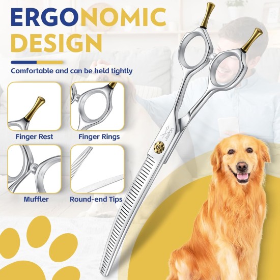 JASON 7.5 Inch Curved Thinning Scissors for Dogs 43 Teeth Professional Downward Curved Dog Scissors Made of Japanese 440C Stainless Steel Fur Scissors with Symmetrical Handle JASON 7.5 Inch Curved Thinning Scissors for Dogs 43 Teeth Professional Downward Curved Dog Scissors Made of Japanese 440C Stainless Steel Fur Scissors with Symmetrical Handle