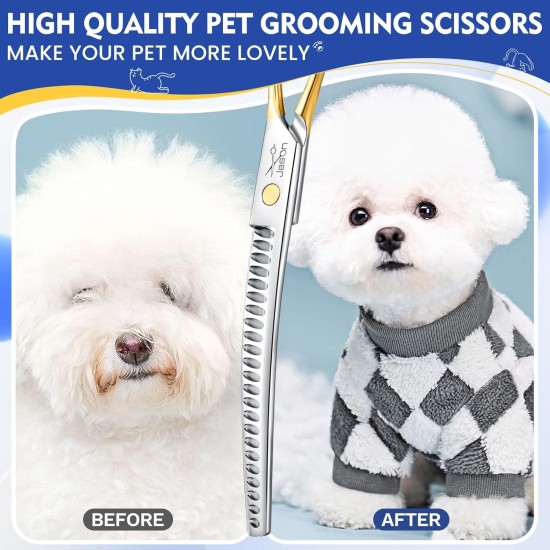 JASON 7.5 Inch Curved Thinning Scissors for Dogs 43 Teeth Professional Downward Curved Dog Scissors Made of Japanese 440C Stainless Steel Fur Scissors with Symmetrical Handle JASON 7.5 Inch Curved Thinning Scissors for Dogs 43 Teeth Professional Downward Curved Dog Scissors Made of Japanese 440C Stainless Steel Fur Scissors with Symmetrical Handle