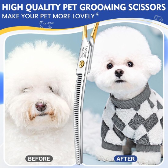 JASON 7.5 Inch Curved Thinning Scissors for Dogs 43 Teeth Professional Downward Curved Dog Scissors Made of Japanese 440C Stainless Steel Fur Scissors with Symmetrical Handle JASON 7.5 Inch Curved Thinning Scissors for Dogs 43 Teeth Professional Downward Curved Dog Scissors Made of Japanese 440C Stainless Steel Fur Scissors with Symmetrical Handle