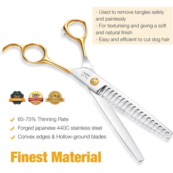 JASON 7.5 Inch Curved Thinning Scissors for Dogs 43 Teeth Professional Downward Curved Dog Scissors Made of Japanese 440C Stainless Steel Fur Scissors with Symmetrical Handle JASON 7.5 Inch Curved Thinning Scissors for Dogs 43 Teeth Professional Downward Curved Dog Scissors Made of Japanese 440C Stainless Steel Fur Scissors with Symmetrical Handle