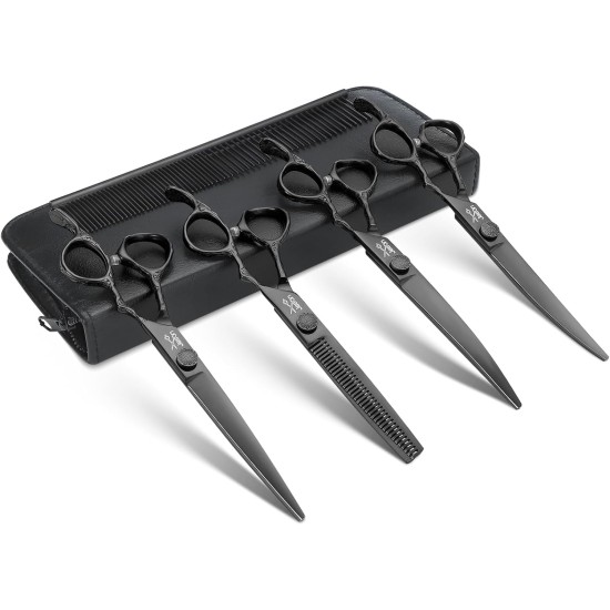 JASON Dog Grooming Scissors Set Professional 6 in 1 Dog Shears Kit - 6.5" Thinning, 7" Straight, 7" Up-Curved, 7" Down-Curved Shears and Comb for Dog Cat Pet with Adjustable Screw (Black) JASON Dog Grooming Scissors Set Professional 6 in 1 Dog Shears Kit - 6.5" Thinning, 7" Straight, 7" Up-Curved, 7" Down-Curved Shears and Comb for Dog Cat Pet with Adjustable Screw (Black)