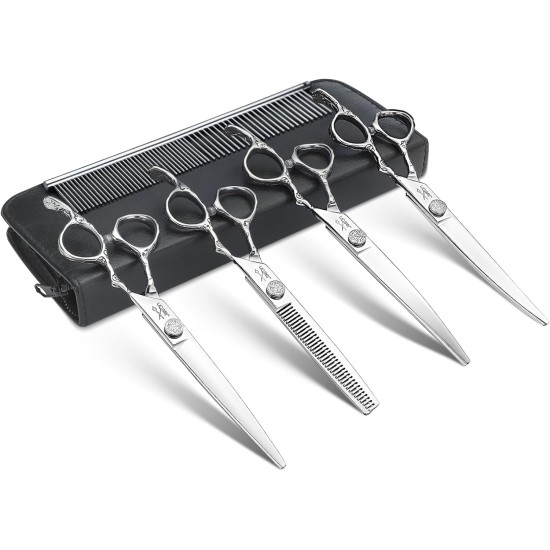 JASON Dog Grooming Scissors Set Professional 6 in 1 Dog Shears Kit - 6.5" Thinning, 7" Straight, 7" Up-Curved, 7" Down-Curved Shears and Comb for Dog Cat Pet with Adjustable Screw (Black) JASON Dog Grooming Scissors Set Professional 6 in 1 Dog Shears Kit - 6.5" Thinning, 7" Straight, 7" Up-Curved, 7" Down-Curved Shears and Comb for Dog Cat Pet with Adjustable Screw (Black)