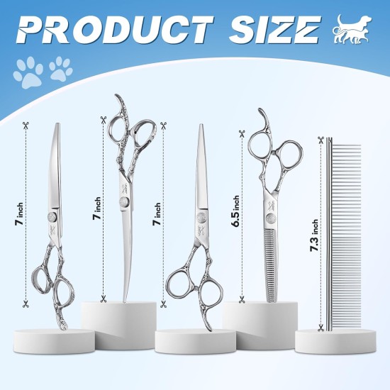 JASON Dog Grooming Scissors Set Professional 6 in 1 Dog Shears Kit - 6.5" Thinning, 7" Straight, 7" Up-Curved, 7" Down-Curved Shears and Comb for Dog Cat Pet with Adjustable Screw (Black) JASON Dog Grooming Scissors Set Professional 6 in 1 Dog Shears Kit - 6.5" Thinning, 7" Straight, 7" Up-Curved, 7" Down-Curved Shears and Comb for Dog Cat Pet with Adjustable Screw (Black)