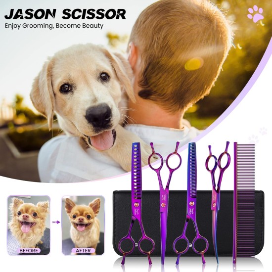 JASON Professional 7.5 Inch Dog Scissors Set 6 in 1 Grooming Scissors Set for Dogs - Straight Curved Dog Scissors 16/36 Teeth Thinning Scissors for Dogs with Ergonomic Handle for Pet Grooming JASON Professional 7.5 Inch Dog Scissors Set 6 in 1 Grooming Scissors Set for Dogs - Straight Curved Dog Scissors 16/36 Teeth Thinning Scissors for Dogs with Ergonomic Handle for Pet Grooming
