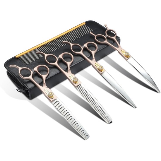 JASON Professional Dog Scissors Set 6 in 1 Fur Scissors for Dogs Set - 7 Inch Straight/Curved/Chunker Thinning Scissors with Ergonomic Handle, Rose Gold JASON Professional Dog Scissors Set 6 in 1 Fur Scissors for Dogs Set - 7 Inch Straight/Curved/Chunker Thinning Scissors with Ergonomic Handle, Rose Gold