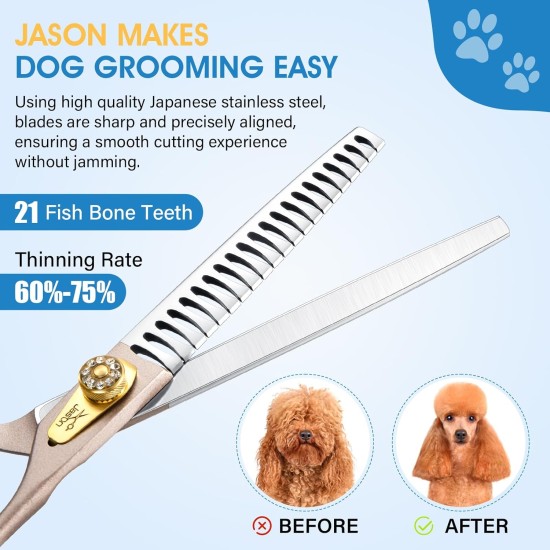 JASON Professional Dog Scissors Set 6 in 1 Fur Scissors for Dogs Set - 7 Inch Straight/Curved/Chunker Thinning Scissors with Ergonomic Handle, Rose Gold JASON Professional Dog Scissors Set 6 in 1 Fur Scissors for Dogs Set - 7 Inch Straight/Curved/Chunker Thinning Scissors with Ergonomic Handle, Rose Gold