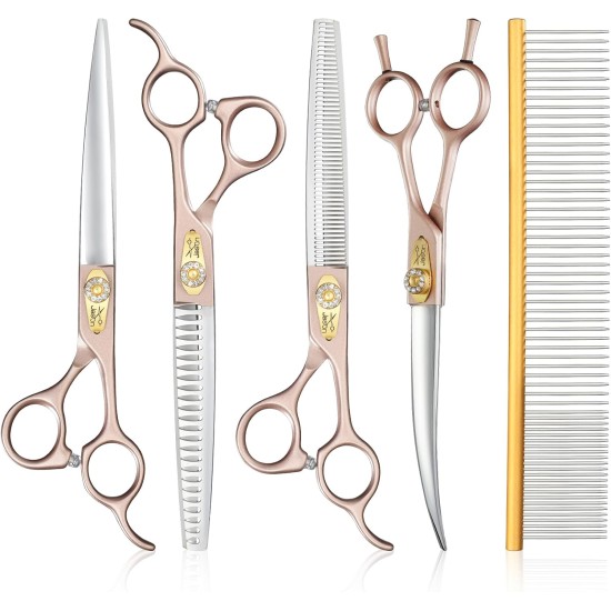 JASON Professional Dog Scissors Set 6 in 1 Fur Scissors for Dogs Set - 7 Inch Straight/Curved/Chunker Thinning Scissors with Ergonomic Handle, Rose Gold JASON Professional Dog Scissors Set 6 in 1 Fur Scissors for Dogs Set - 7 Inch Straight/Curved/Chunker Thinning Scissors with Ergonomic Handle, Rose Gold