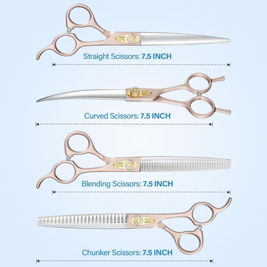 JASON Professional Dog Scissors Set 6 in 1 Fur Scissors for Dogs Set - 7 Inch Straight/Curved/Chunker Thinning Scissors with Ergonomic Handle, Rose Gold JASON Professional Dog Scissors Set 6 in 1 Fur Scissors for Dogs Set - 7 Inch Straight/Curved/Chunker Thinning Scissors with Ergonomic Handle, Rose Gold