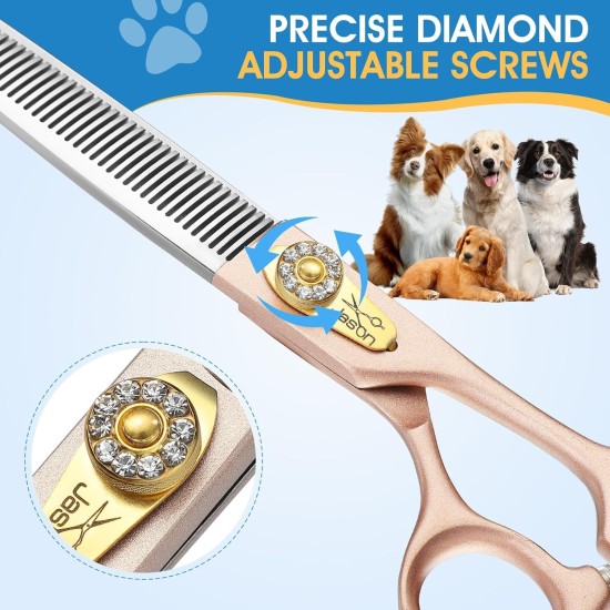 JASON Professional Dog Scissors Set 6 in 1 Fur Scissors for Dogs Set - 7 Inch Straight/Curved/Chunker Thinning Scissors with Ergonomic Handle, Rose Gold JASON Professional Dog Scissors Set 6 in 1 Fur Scissors for Dogs Set - 7 Inch Straight/Curved/Chunker Thinning Scissors with Ergonomic Handle, Rose Gold