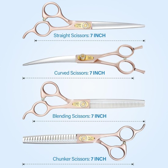JASON Professional Dog Scissors Set 6 in 1 Fur Scissors for Dogs Set - 7 Inch Straight/Curved/Chunker Thinning Scissors with Ergonomic Handle, Rose Gold JASON Professional Dog Scissors Set 6 in 1 Fur Scissors for Dogs Set - 7 Inch Straight/Curved/Chunker Thinning Scissors with Ergonomic Handle, Rose Gold