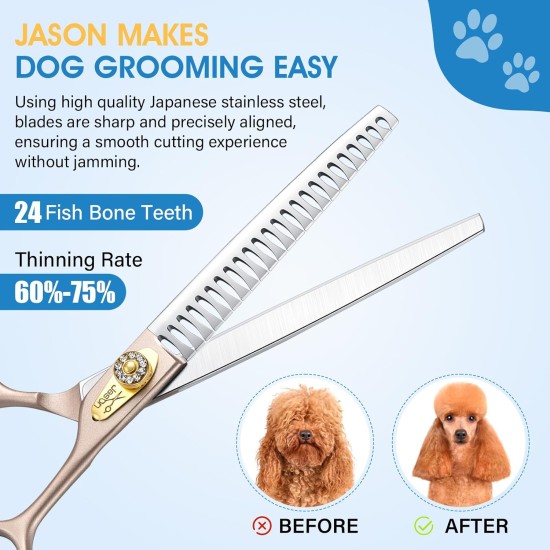 JASON Professional Dog Scissors Set 6 in 1 Fur Scissors for Dogs Set - 7 Inch Straight/Curved/Chunker Thinning Scissors with Ergonomic Handle, Rose Gold JASON Professional Dog Scissors Set 6 in 1 Fur Scissors for Dogs Set - 7 Inch Straight/Curved/Chunker Thinning Scissors with Ergonomic Handle, Rose Gold