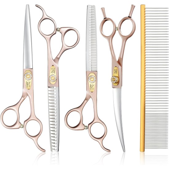 JASON Professional Dog Scissors Set 6 in 1 Fur Scissors for Dogs Set - 7.5 Inch Straight/Curved/Chunker Thinning Scissors with Ergonomic Handle, Rose Gold JASON Professional Dog Scissors Set 6 in 1 Fur Scissors for Dogs Set - 7.5 Inch Straight/Curved/Chunker Thinning Scissors with Ergonomic Handle, Rose Gold