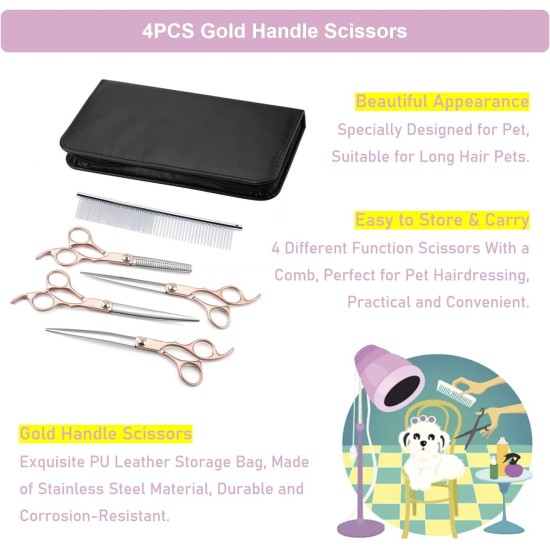 KUIDAMOS Pet Grooming Scissors Set, 4-Piece Professional Pet Trimmer Kit, Stainless Steel Dog Cat Hair Care Thinning, for Dogs Cats or Pets with Long Hair KUIDAMOS Pet Grooming Scissors Set, 4-Piece Professional Pet Trimmer Kit, Stainless Steel Dog Cat Hair Care Thinning, for Dogs Cats or Pets with Long Hair
