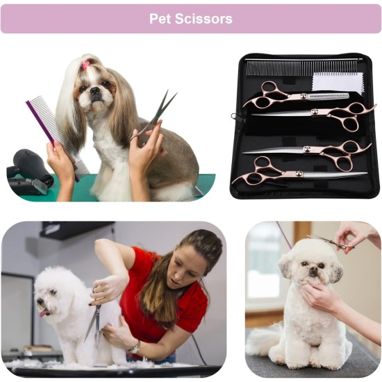KUIDAMOS Pet Grooming Scissors Set, 4-Piece Professional Pet Trimmer Kit, Stainless Steel Dog Cat Hair Care Thinning, for Dogs Cats or Pets with Long Hair KUIDAMOS Pet Grooming Scissors Set, 4-Piece Professional Pet Trimmer Kit, Stainless Steel Dog Cat Hair Care Thinning, for Dogs Cats or Pets with Long Hair