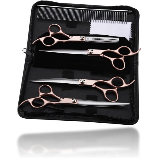 KUIDAMOS Pet Grooming Scissors Set, 4-Piece Professional Pet Trimmer Kit, Stainless Steel Dog Cat Hair Care Thinning, for Dogs Cats or Pets with Long Hair KUIDAMOS Pet Grooming Scissors Set, 4-Piece Professional Pet Trimmer Kit, Stainless Steel Dog Cat Hair Care Thinning, for Dogs Cats or Pets with Long Hair