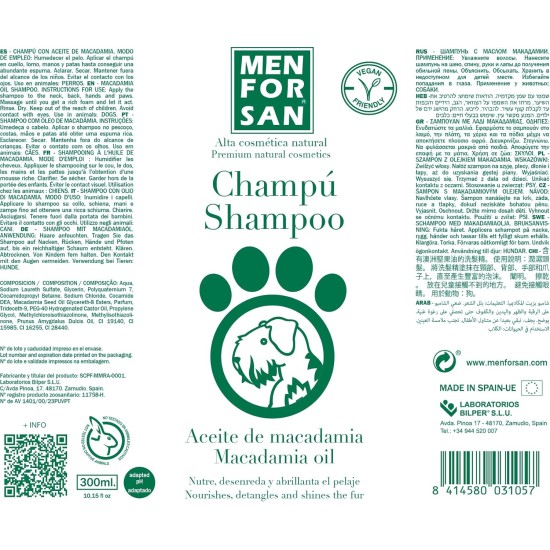 MENFORSAN Macadamia Oil Shampoo for Dogs, Nourishes and Shines Coat, Detangling Effect, Anti-Frizz and Regenerating Properties, Citrus 300ml MENFORSAN Macadamia Oil Shampoo for Dogs, Nourishes and Shines Coat, Detangling Effect, Anti-Frizz and Regenerating Properties, Citrus 300ml